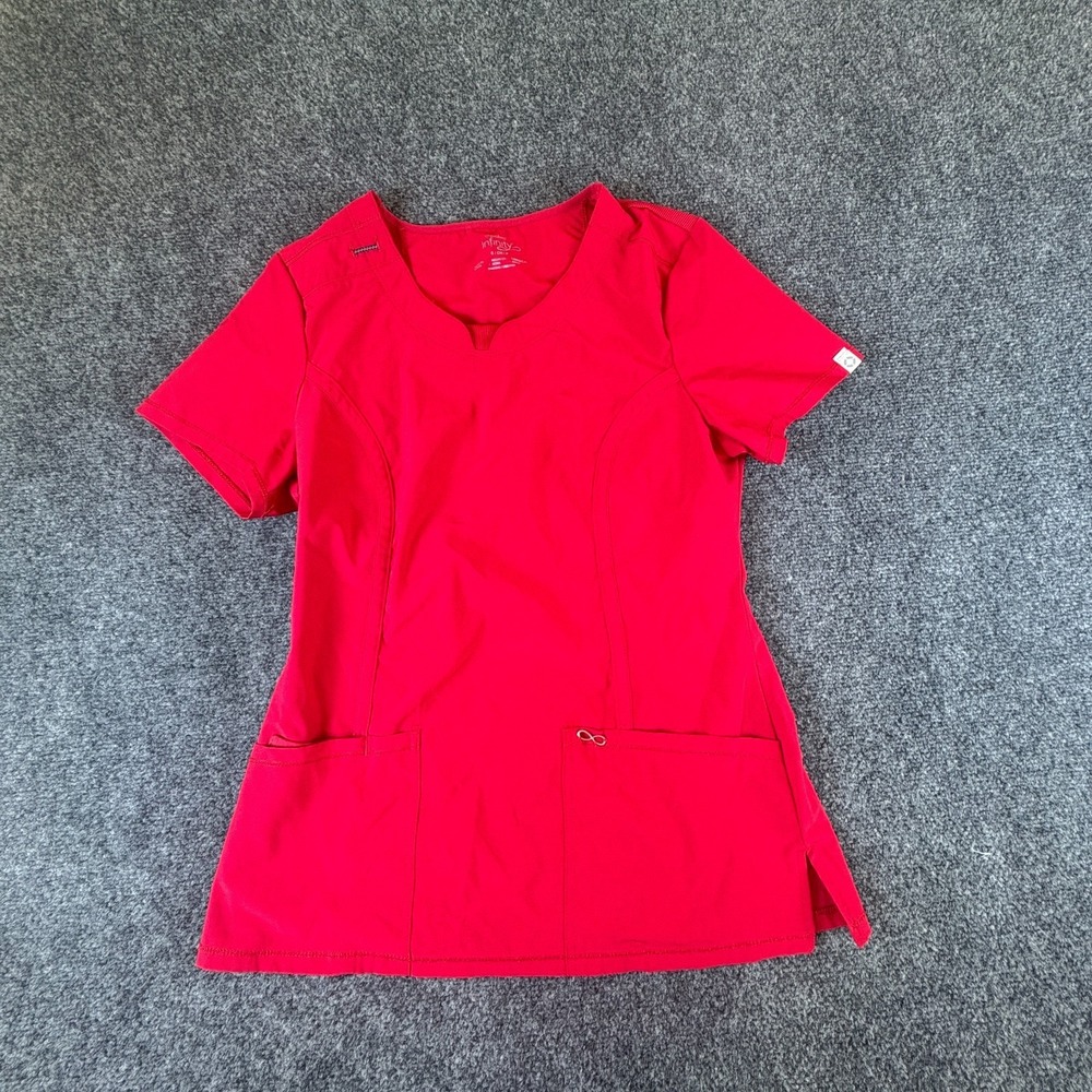 Cherokee Infinity Medical Scrubs Top Womens S Red Stretch Short Sleeve Pockets